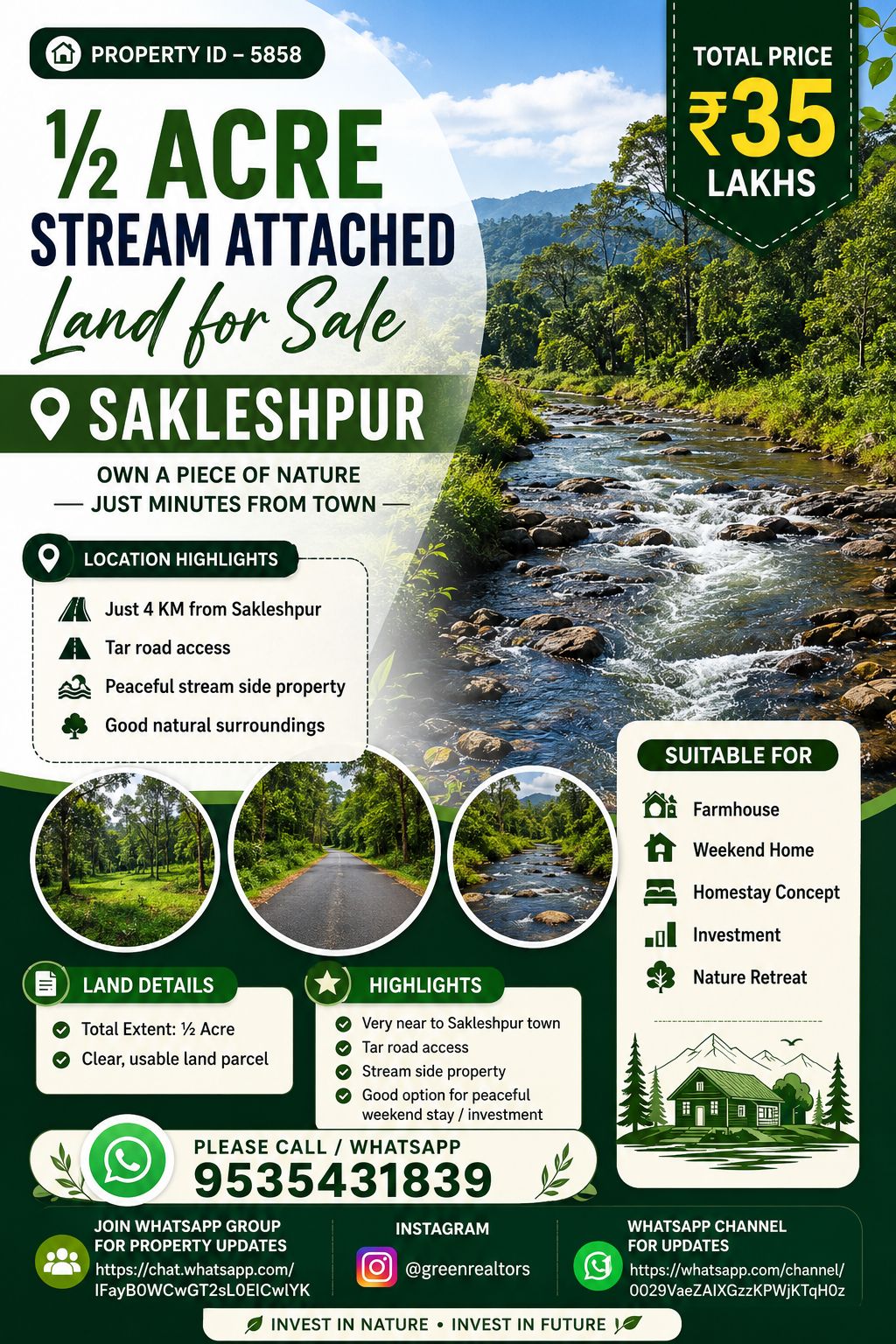 🆔 *PROPERTY ID –5858* 🌿 *½ Acre stream attached  Land for Sale – Sakleshpur